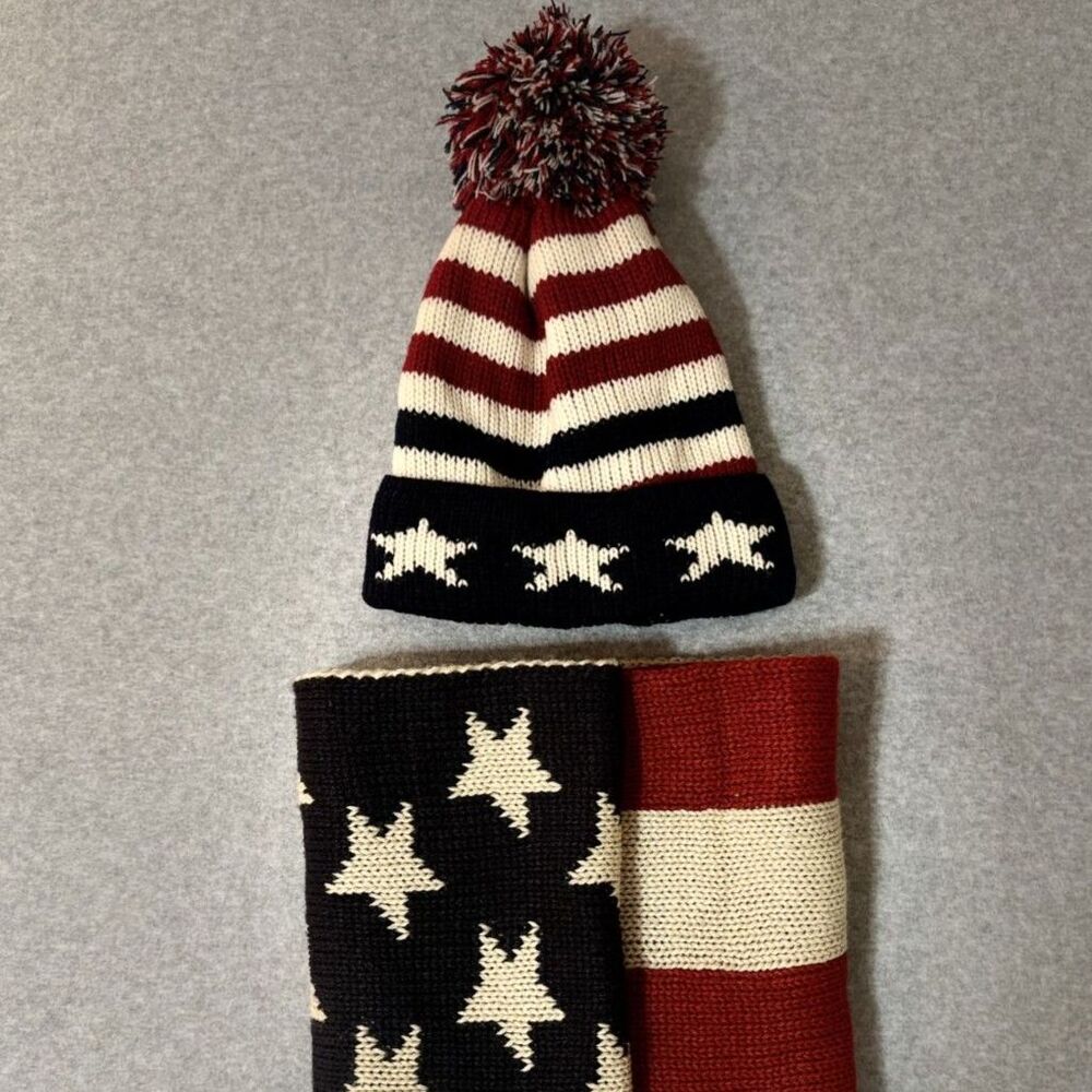 True Gear North American Flag Scarf Beanie Set Red White Blue Stars Stripes